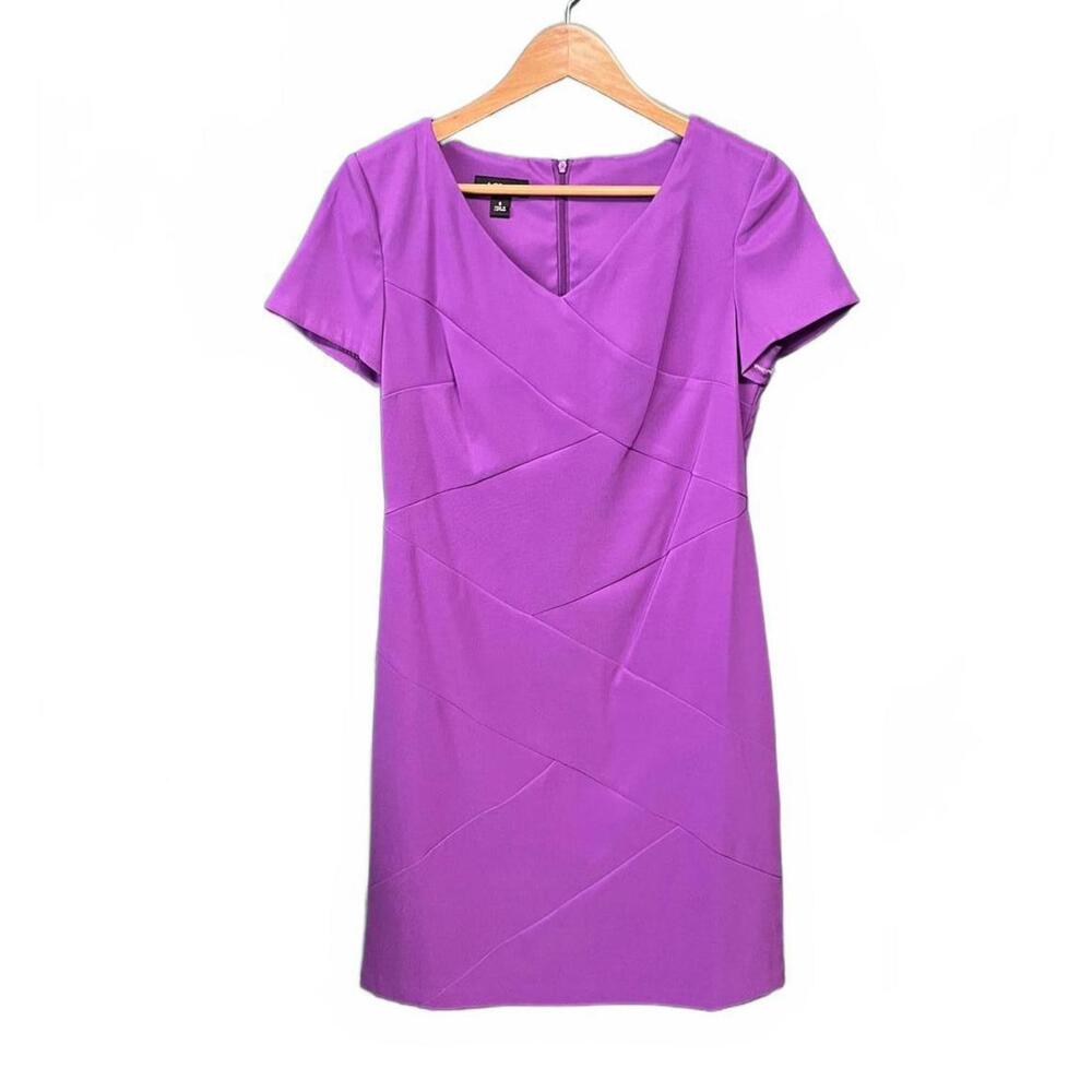 Purple Short Sleeve Modernist Criss Cross Architectural Seam Detail Career Dress